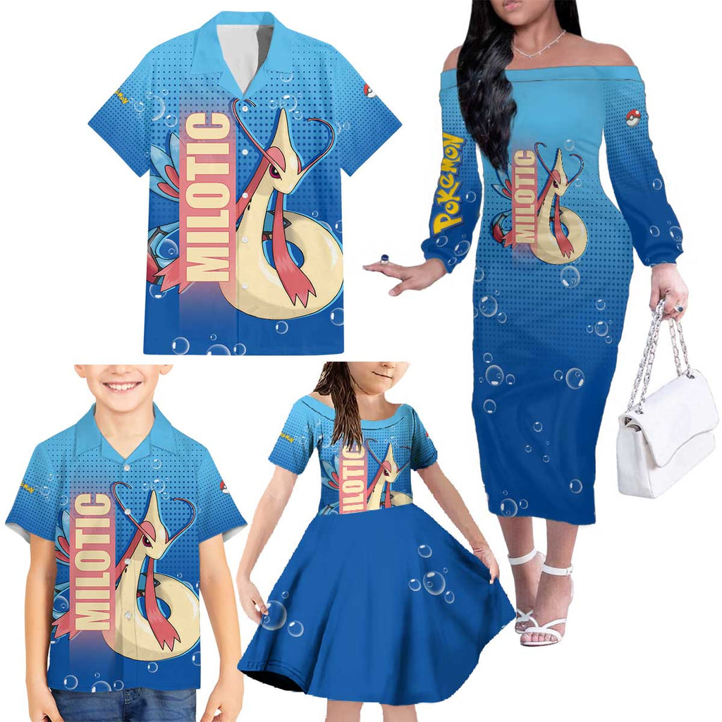 Milotic from Poké Family Matching Off The Shoulder Long Sleeve Dress and Hawaiian Shirt with Water Type Ability and Graceful Pose Design - The Mazicc