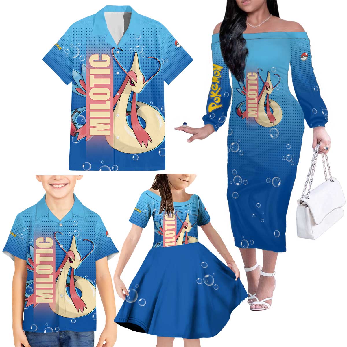 Milotic from Poké Family Matching Off The Shoulder Long Sleeve Dress and Hawaiian Shirt with Water Type Ability and Graceful Pose Design - The Mazicc