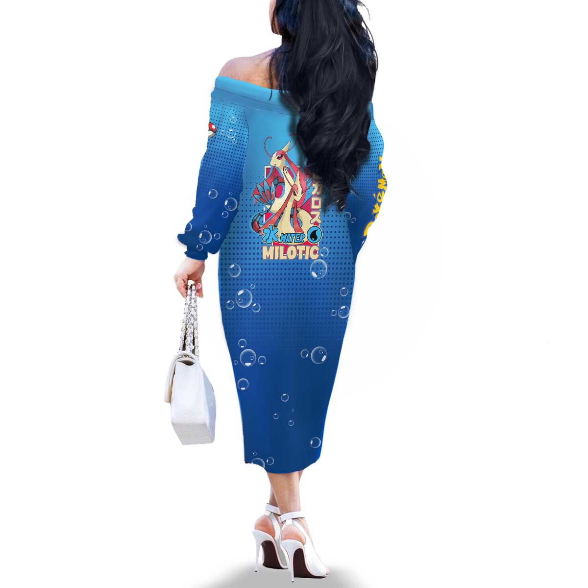 Milotic from Poké Family Matching Off The Shoulder Long Sleeve Dress and Hawaiian Shirt with Water Type Ability and Graceful Pose Design - The Mazicc