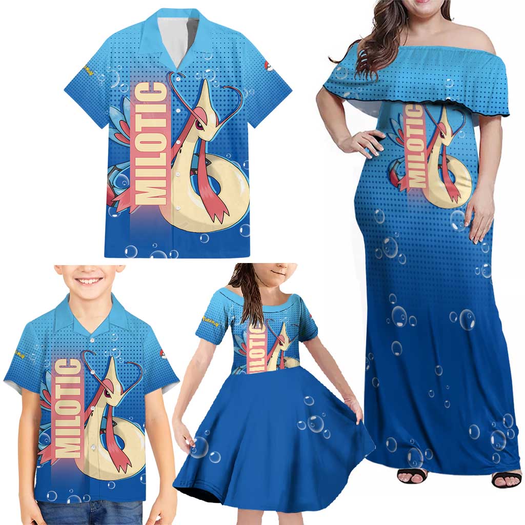 Milotic from Poké Family Matching Off Shoulder Maxi Dress and Hawaiian Shirt with Water Type Ability and Graceful Pose Design - The Mazicc