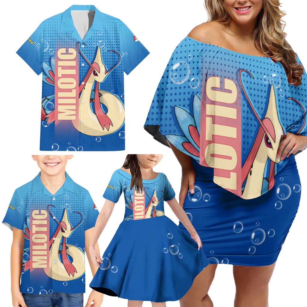 Milotic from Poké Family Matching Off Shoulder Short Dress and Hawaiian Shirt with Water Type Ability and Graceful Pose Design - The Mazicc