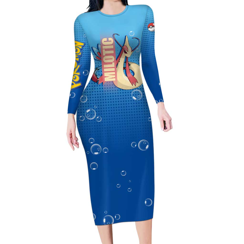 Milotic from Poké Long Sleeve Bodycon Dress with Water Type Ability and Graceful Pose Design - The Mazicc