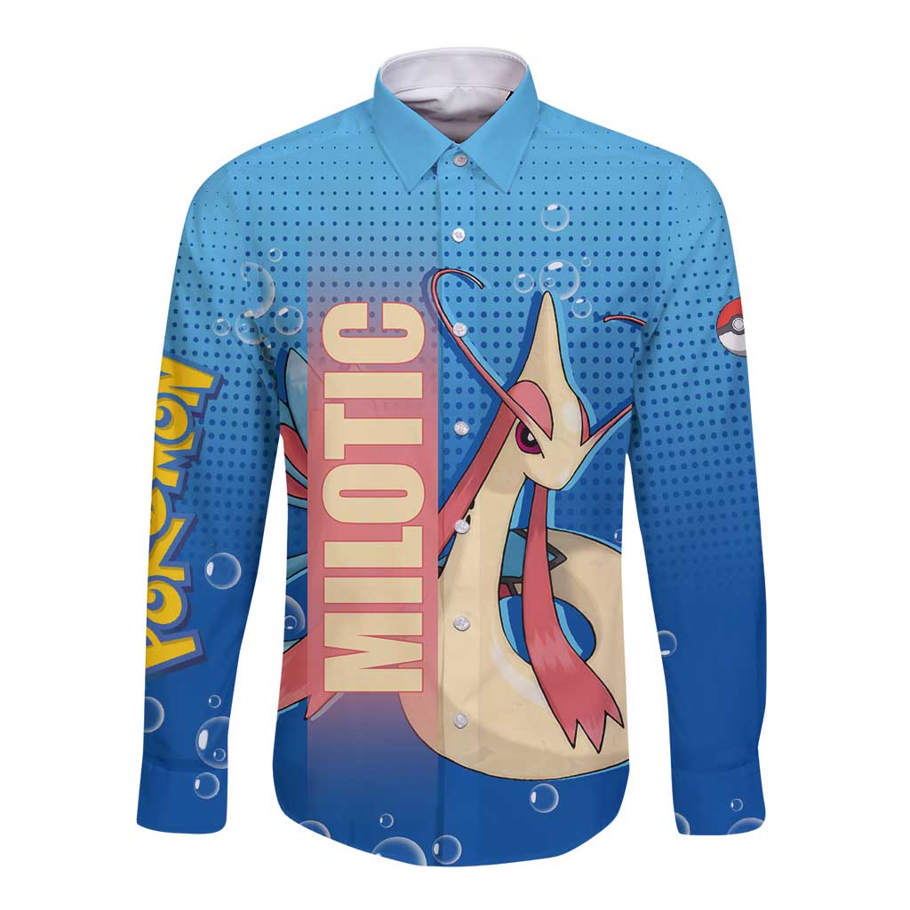 Milotic from Poké Long Sleeve Button Shirt with Water Type Ability and Graceful Pose Design - The Mazicc