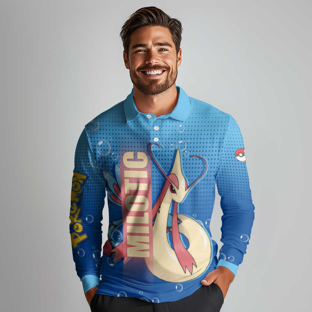 Milotic from Poké Long Sleeve Polo Shirt with Water Type Ability and Graceful Pose Design - The Mazicc