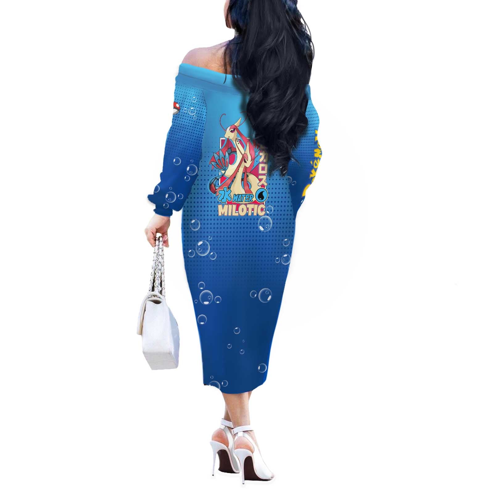 Milotic from Poké Off The Shoulder Long Sleeve Dress with Water Type Ability and Graceful Pose Design - The Mazicc