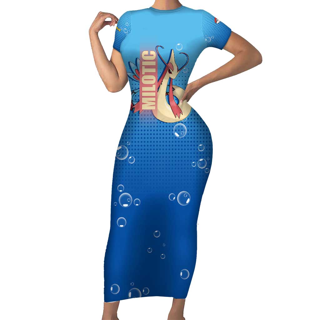 Milotic from Poké Short Sleeve Bodycon Dress with Water Type Ability and Graceful Pose Design - The Mazicc