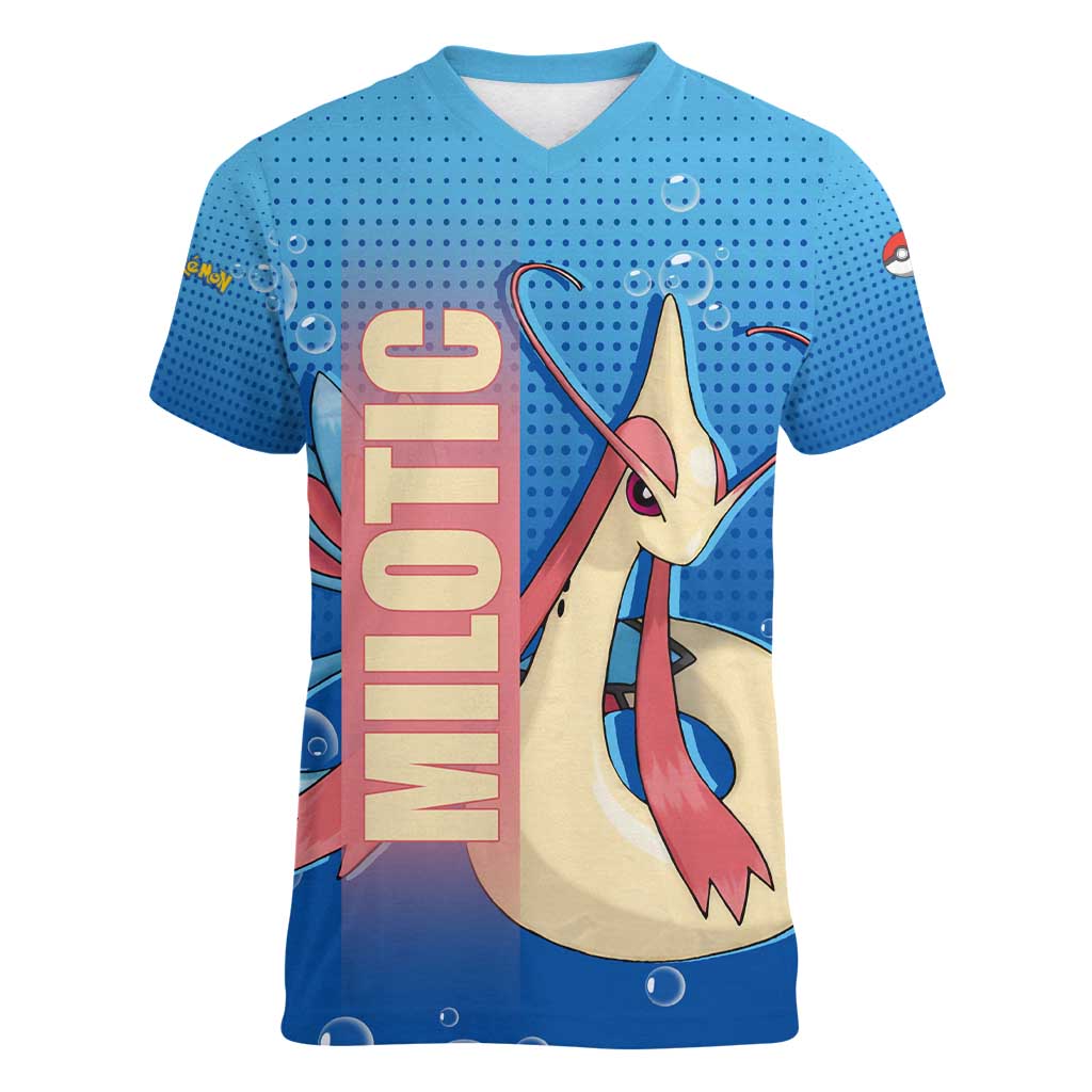 Milotic from Poké Women V-Neck T-Shirt with Water Type Ability and Graceful Pose Design - The Mazicc