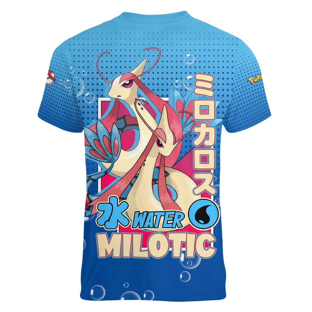 Milotic from Poké Women V-Neck T-Shirt with Water Type Ability and Graceful Pose Design - The Mazicc