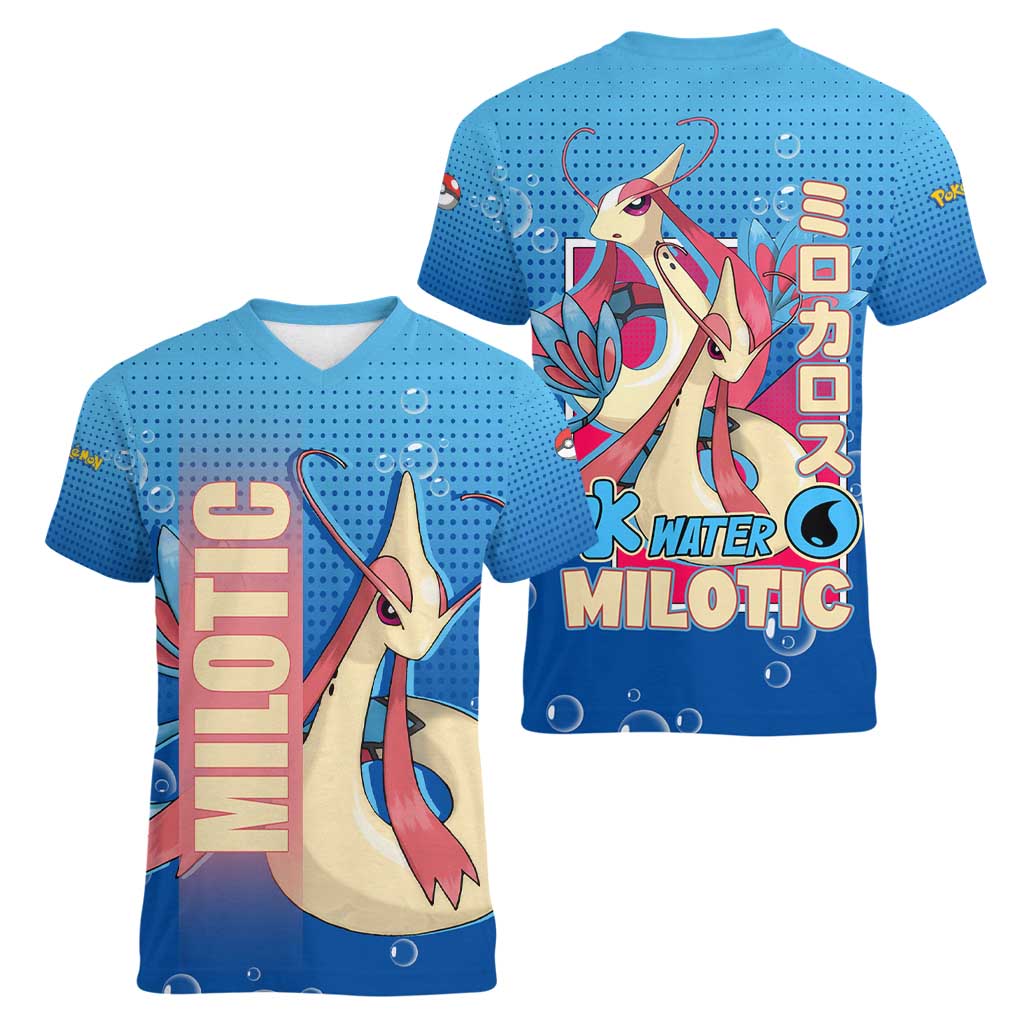 Milotic from Poké Women V-Neck T-Shirt with Water Type Ability and Graceful Pose Design - The Mazicc
