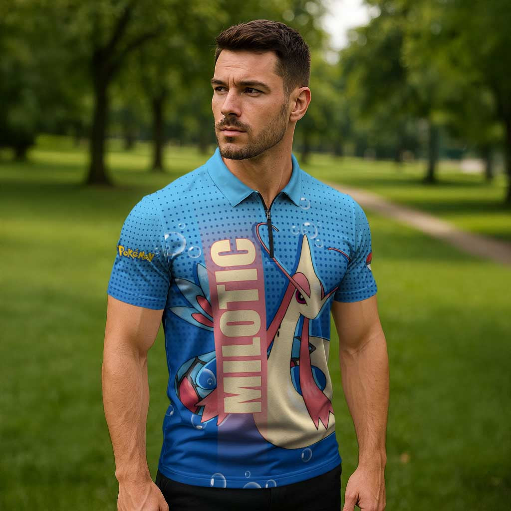 Milotic from Poké Zipper Polo Shirt with Water Type Ability and Graceful Pose Design - The Mazicc