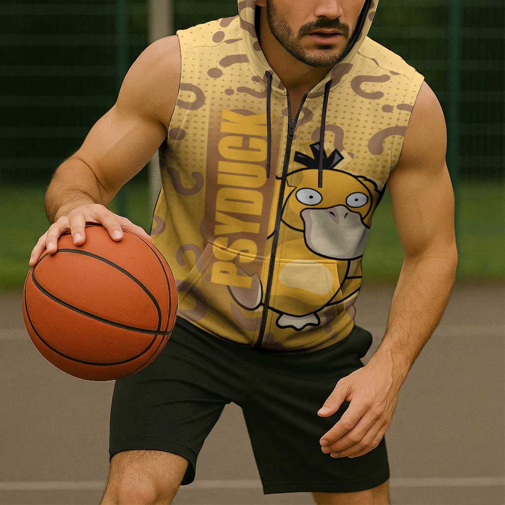 Psyduck from Poké Sleeveless Zip Hoodie with Water Type Power and Confused Expression Design - The Mazicc