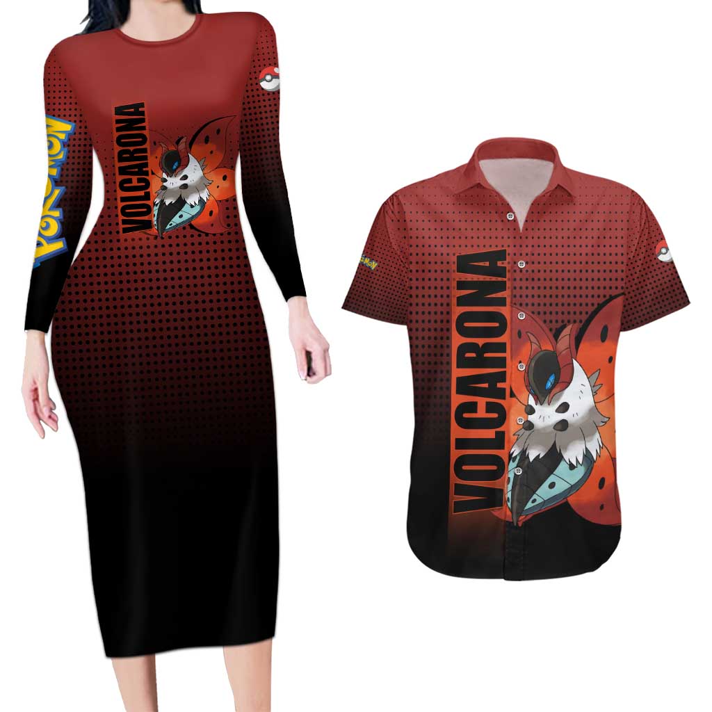 Volcarona from Poké Couples Matching Long Sleeve Bodycon Dress and Hawaiian Shirt Bug and Fire Types Featuring Bright and Fiery Design - The Mazicc