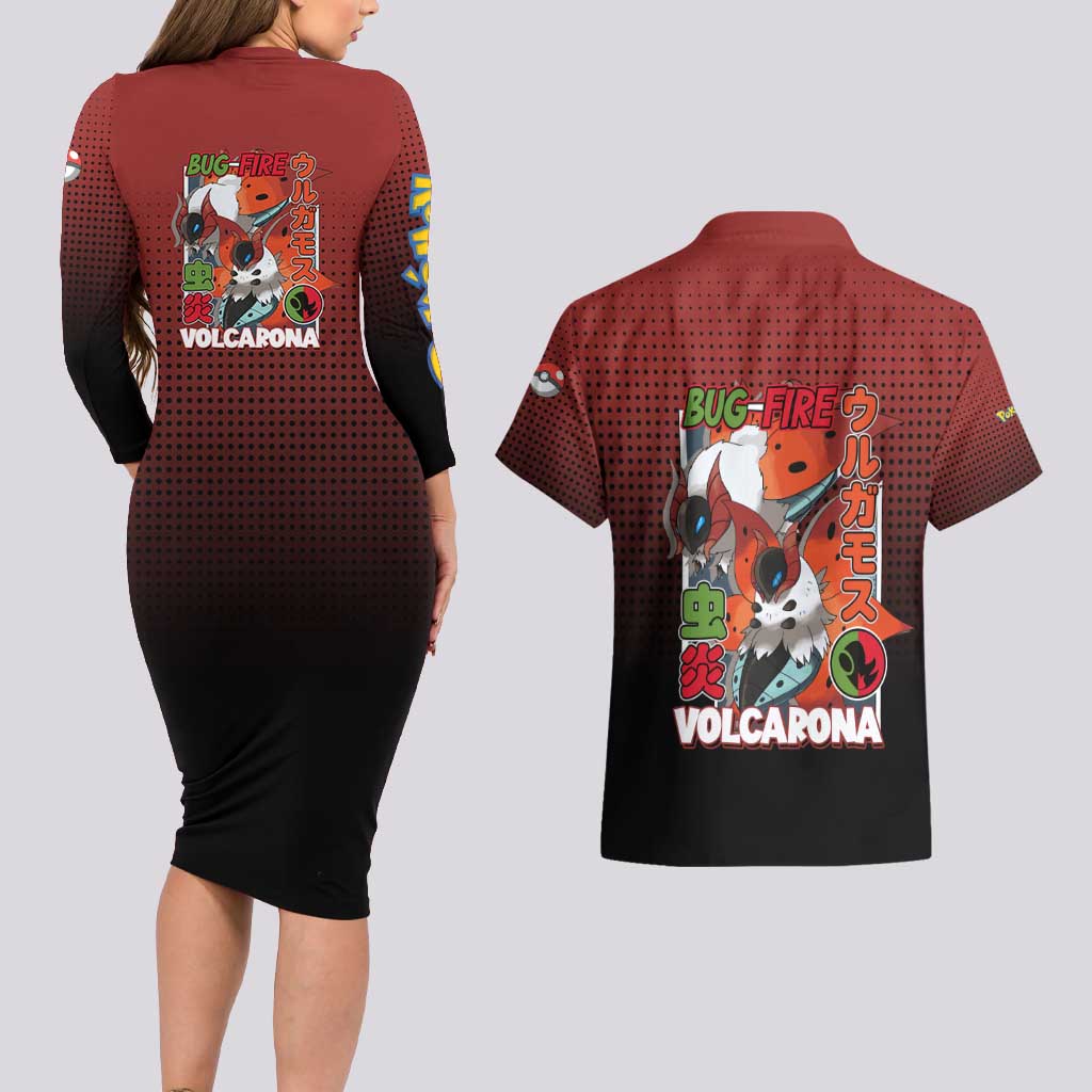 Volcarona from Poké Couples Matching Long Sleeve Bodycon Dress and Hawaiian Shirt Bug and Fire Types Featuring Bright and Fiery Design - The Mazicc