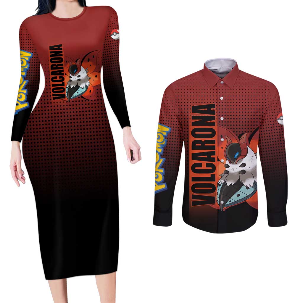 Volcarona from Poké Couples Matching Long Sleeve Bodycon Dress and Long Sleeve Button Shirt Bug and Fire Types Featuring Bright and Fiery Design - The Mazicc