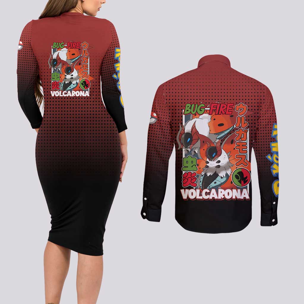 Volcarona from Poké Couples Matching Long Sleeve Bodycon Dress and Long Sleeve Button Shirt Bug and Fire Types Featuring Bright and Fiery Design - The Mazicc
