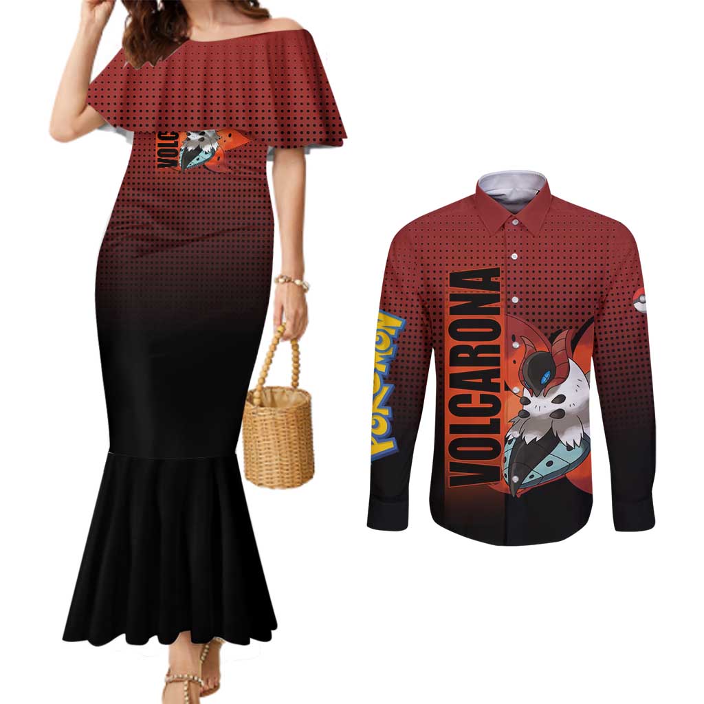 Volcarona from Poké Couples Matching Mermaid Dress and Long Sleeve Button Shirt Bug and Fire Types Featuring Bright and Fiery Design - The Mazicc