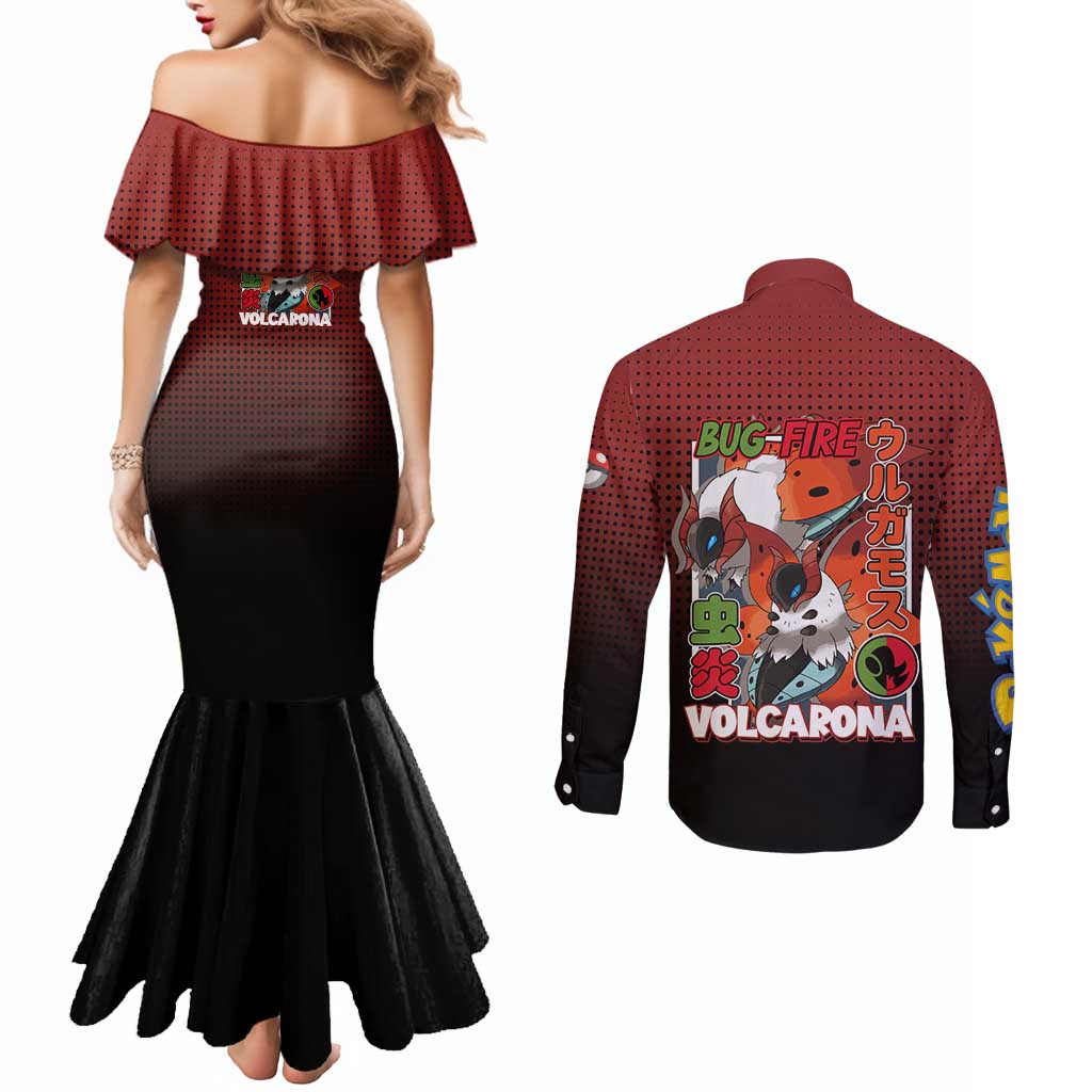 Volcarona from Poké Couples Matching Mermaid Dress and Long Sleeve Button Shirt Bug and Fire Types Featuring Bright and Fiery Design - The Mazicc