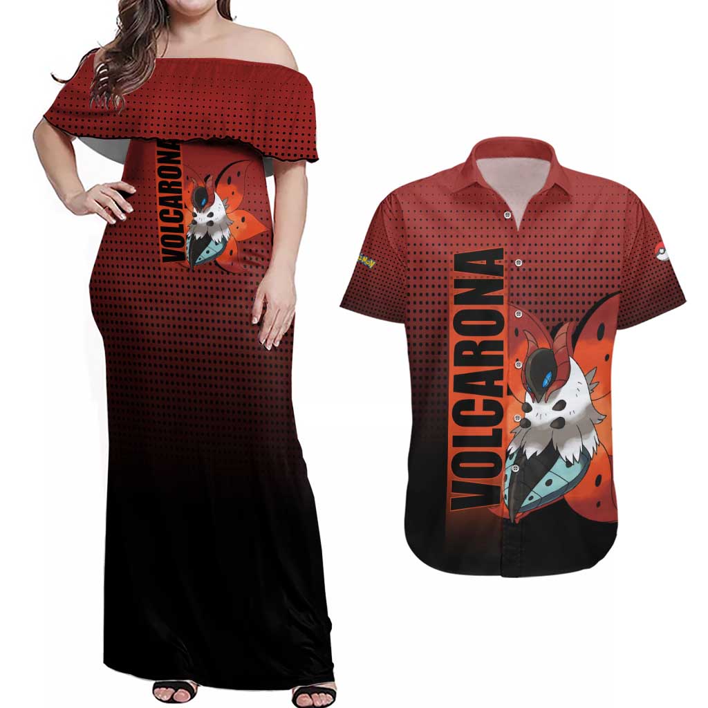 Volcarona from Poké Couples Matching Off Shoulder Maxi Dress and Hawaiian Shirt Bug and Fire Types Featuring Bright and Fiery Design - The Mazicc