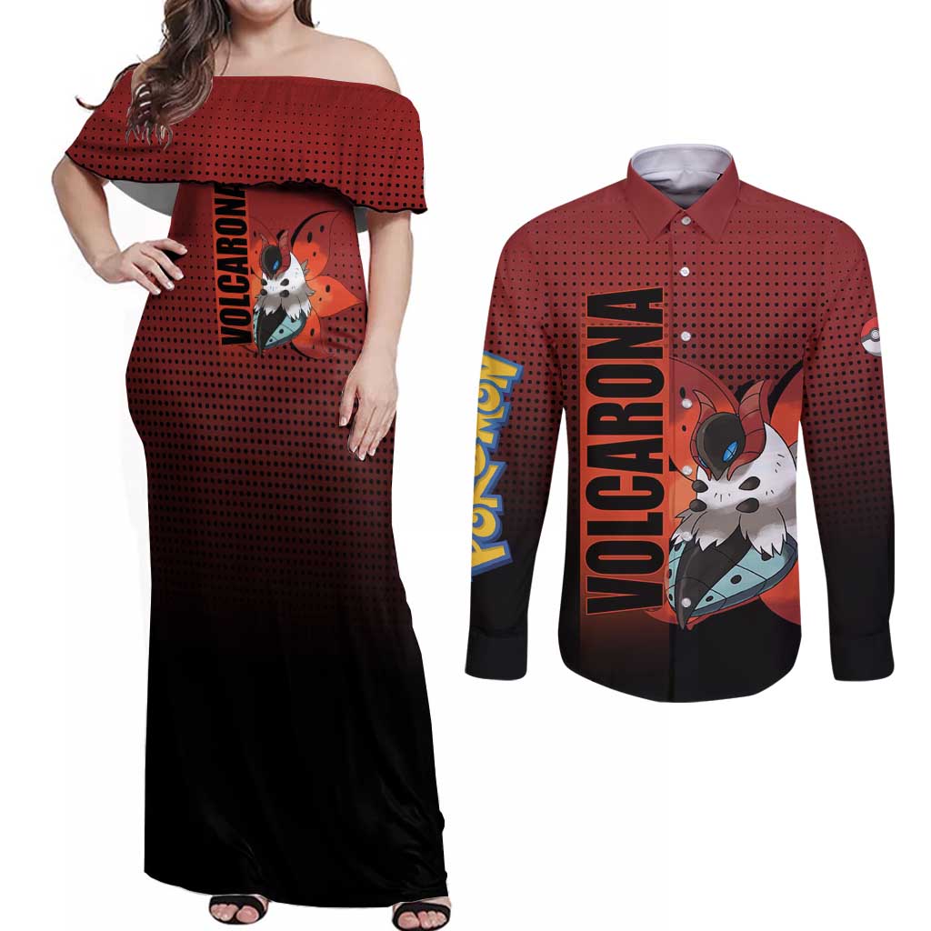 Volcarona from Poké Couples Matching Off Shoulder Maxi Dress and Long Sleeve Button Shirt Bug and Fire Types Featuring Bright and Fiery Design - The Mazicc