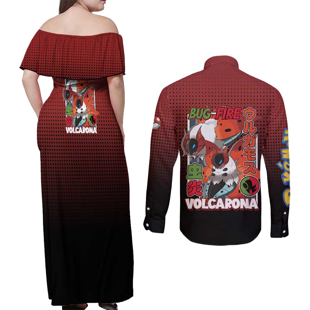 Volcarona from Poké Couples Matching Off Shoulder Maxi Dress and Long Sleeve Button Shirt Bug and Fire Types Featuring Bright and Fiery Design - The Mazicc