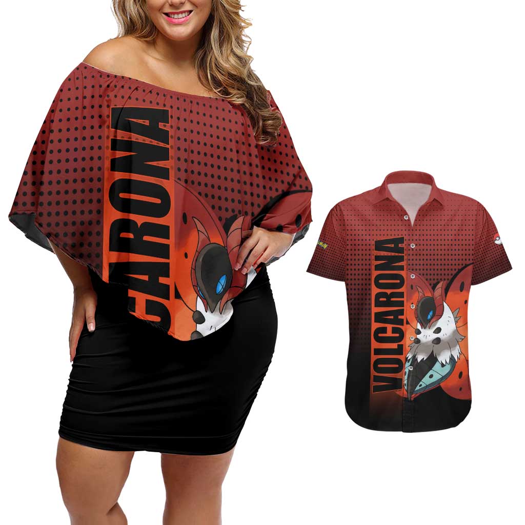 Volcarona from Poké Couples Matching Off Shoulder Short Dress and Hawaiian Shirt Bug and Fire Types Featuring Bright and Fiery Design - The Mazicc