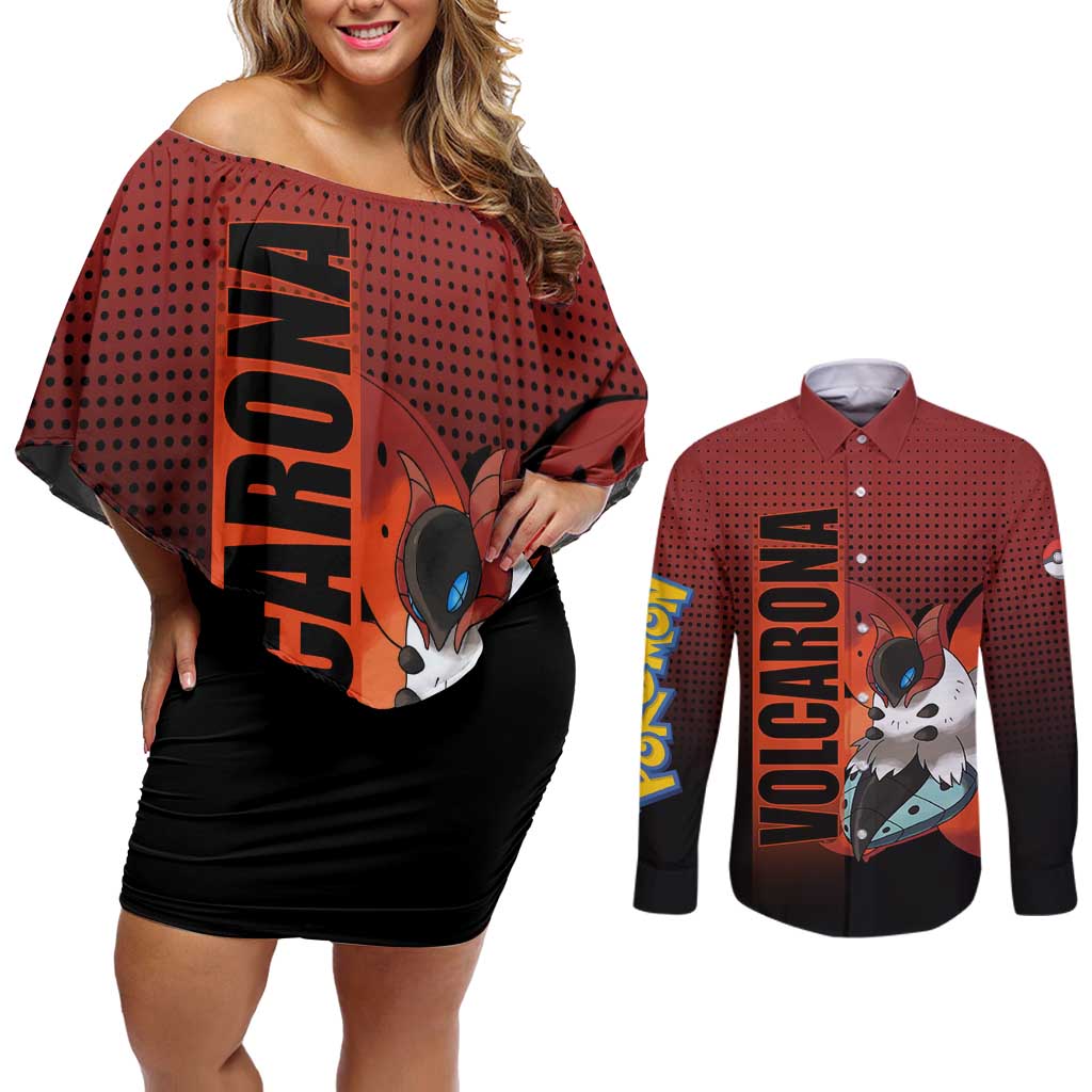 Volcarona from Poké Couples Matching Off Shoulder Short Dress and Long Sleeve Button Shirt Bug and Fire Types Featuring Bright and Fiery Design - The Mazicc