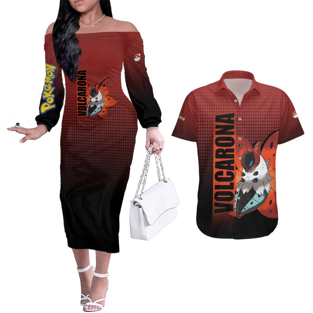 Volcarona from Poké Couples Matching Off The Shoulder Long Sleeve Dress and Hawaiian Shirt Bug and Fire Types Featuring Bright and Fiery Design - The Mazicc