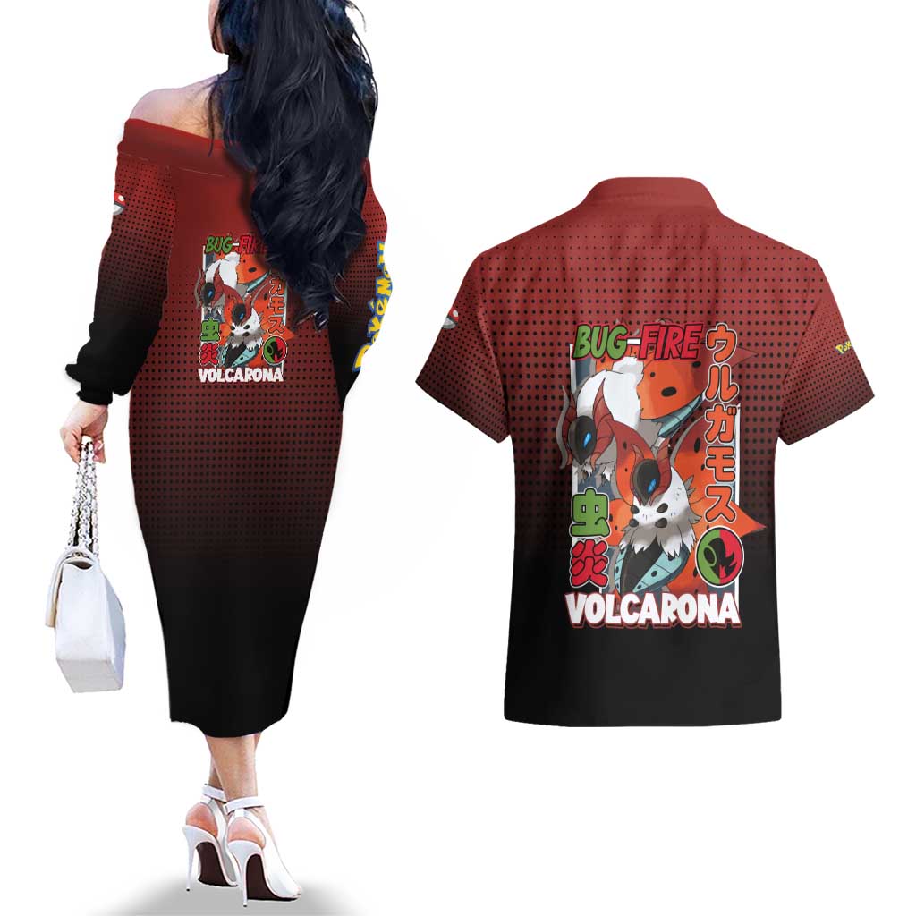 Volcarona from Poké Couples Matching Off The Shoulder Long Sleeve Dress and Hawaiian Shirt Bug and Fire Types Featuring Bright and Fiery Design - The Mazicc