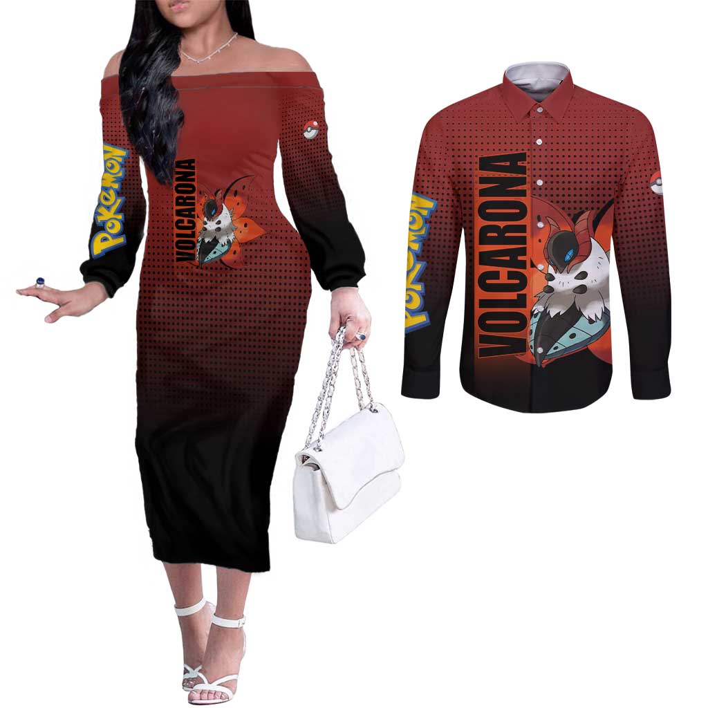 Volcarona from Poké Couples Matching Off The Shoulder Long Sleeve Dress and Long Sleeve Button Shirt Bug and Fire Types Featuring Bright and Fiery Design - The Mazicc