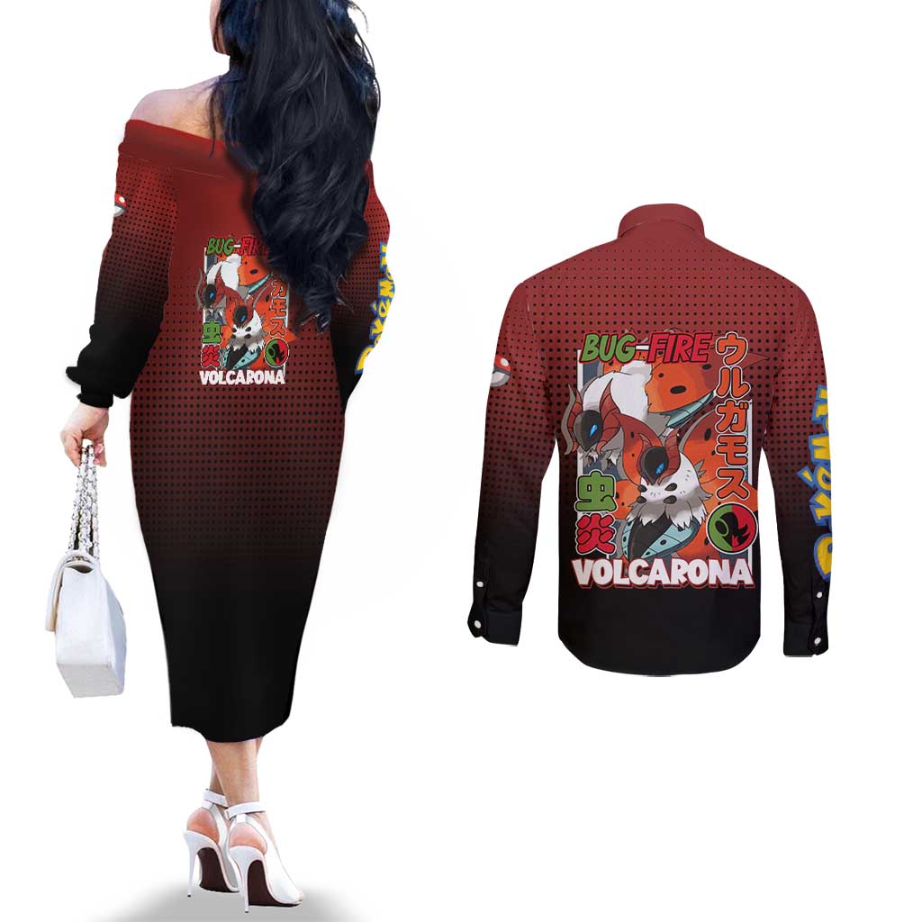 Volcarona from Poké Couples Matching Off The Shoulder Long Sleeve Dress and Long Sleeve Button Shirt Bug and Fire Types Featuring Bright and Fiery Design - The Mazicc