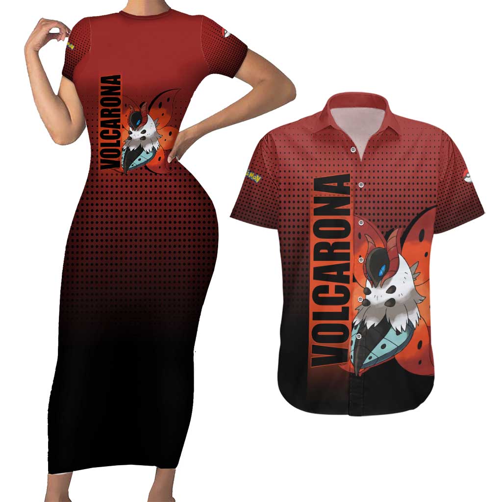 Volcarona from Poké Couples Matching Short Sleeve Bodycon Dress and Hawaiian Shirt Bug and Fire Types Featuring Bright and Fiery Design - The Mazicc