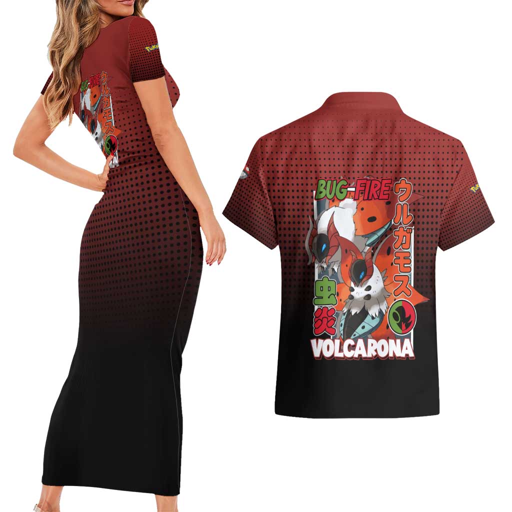 Volcarona from Poké Couples Matching Short Sleeve Bodycon Dress and Hawaiian Shirt Bug and Fire Types Featuring Bright and Fiery Design - The Mazicc