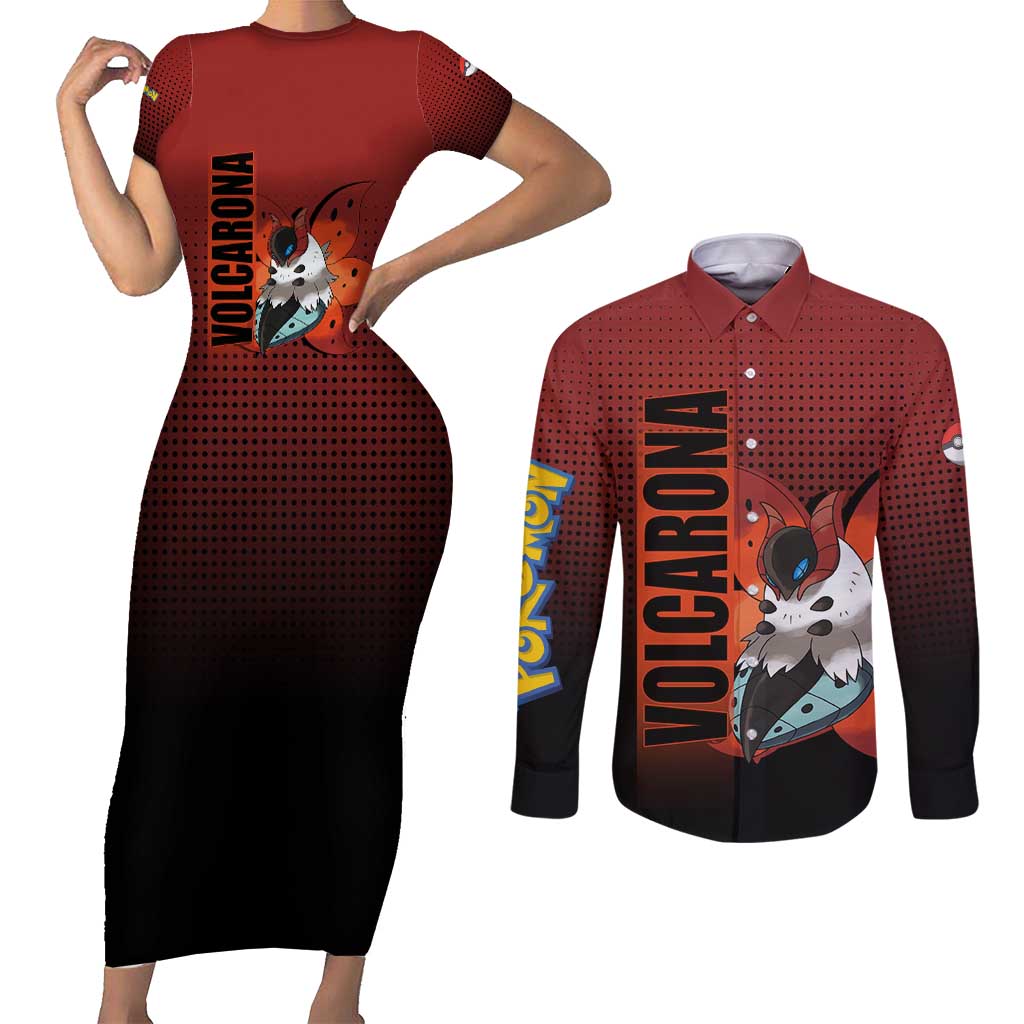 Volcarona from Poké Couples Matching Short Sleeve Bodycon Dress and Long Sleeve Button Shirt Bug and Fire Types Featuring Bright and Fiery Design - The Mazicc