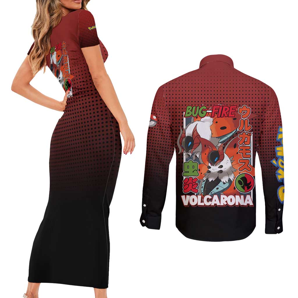Volcarona from Poké Couples Matching Short Sleeve Bodycon Dress and Long Sleeve Button Shirt Bug and Fire Types Featuring Bright and Fiery Design - The Mazicc