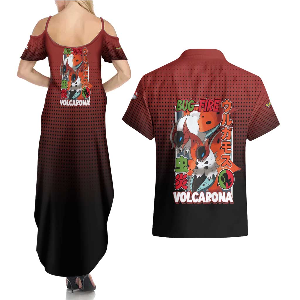 Volcarona from Poké Couples Matching Summer Maxi Dress and Hawaiian Shirt Bug and Fire Types Featuring Bright and Fiery Design - The Mazicc