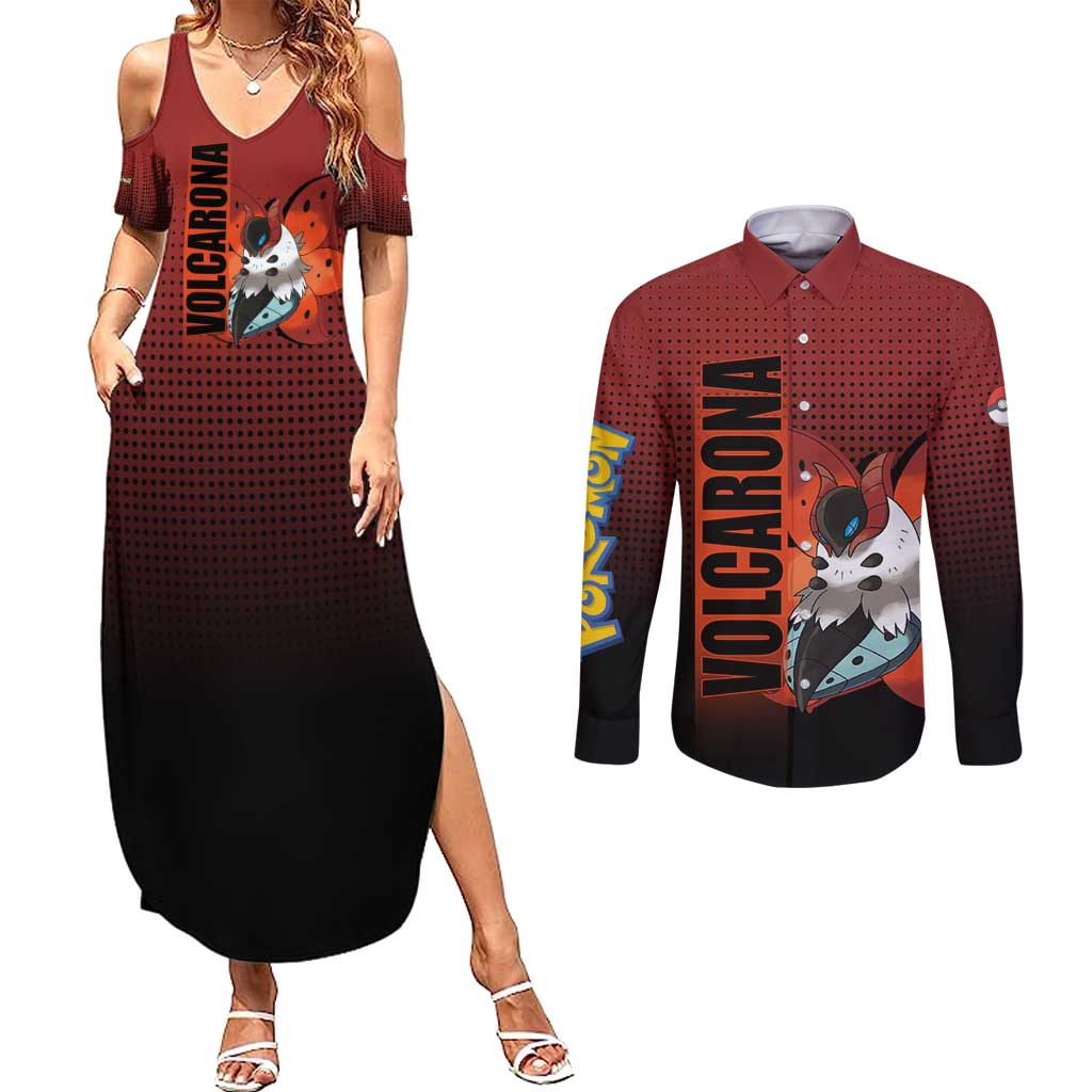 Volcarona from Poké Couples Matching Summer Maxi Dress and Long Sleeve Button Shirt Bug and Fire Types Featuring Bright and Fiery Design - The Mazicc