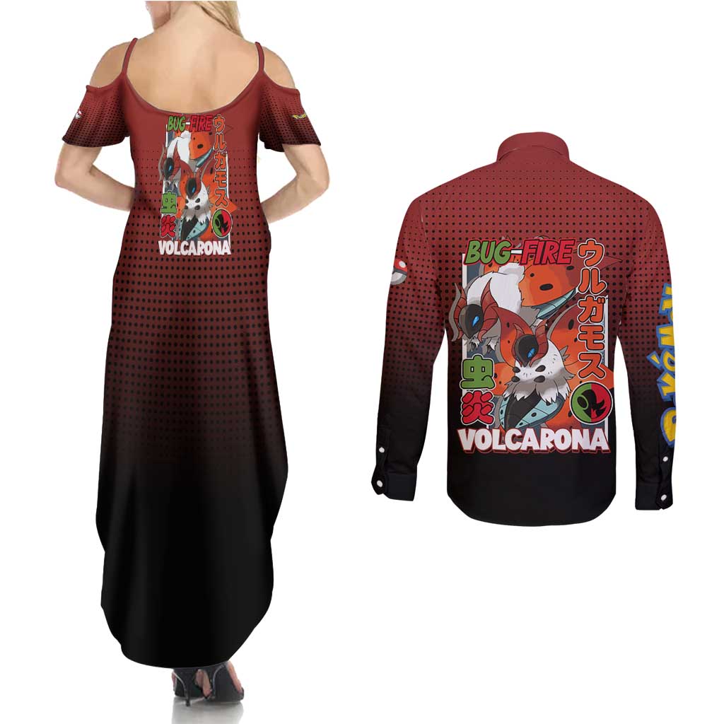 Volcarona from Poké Couples Matching Summer Maxi Dress and Long Sleeve Button Shirt Bug and Fire Types Featuring Bright and Fiery Design - The Mazicc