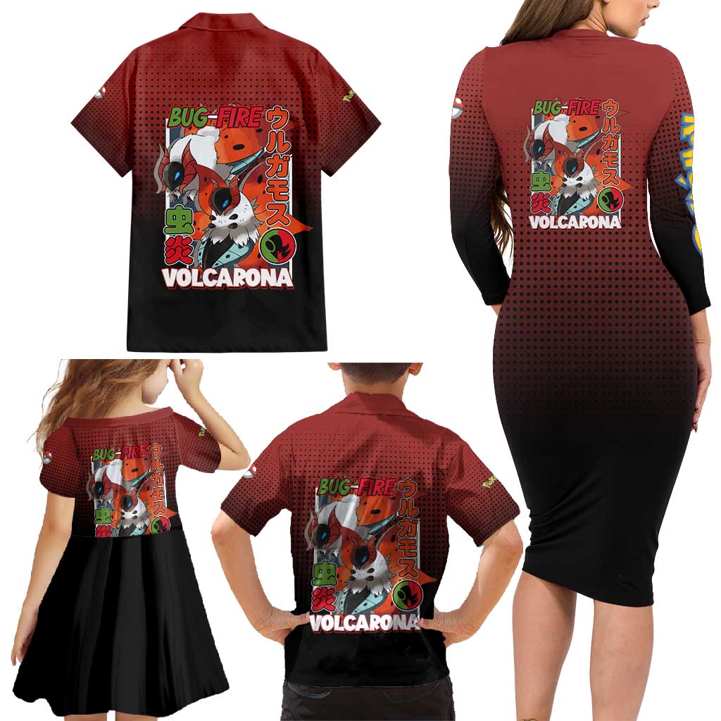Volcarona from Poké Family Matching Long Sleeve Bodycon Dress and Hawaiian Shirt Bug and Fire Types Featuring Bright and Fiery Design - The Mazicc