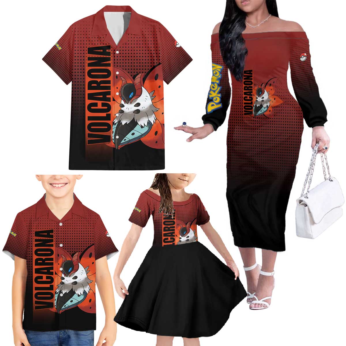 Volcarona from Poké Family Matching Off The Shoulder Long Sleeve Dress and Hawaiian Shirt Bug and Fire Types Featuring Bright and Fiery Design - The Mazicc