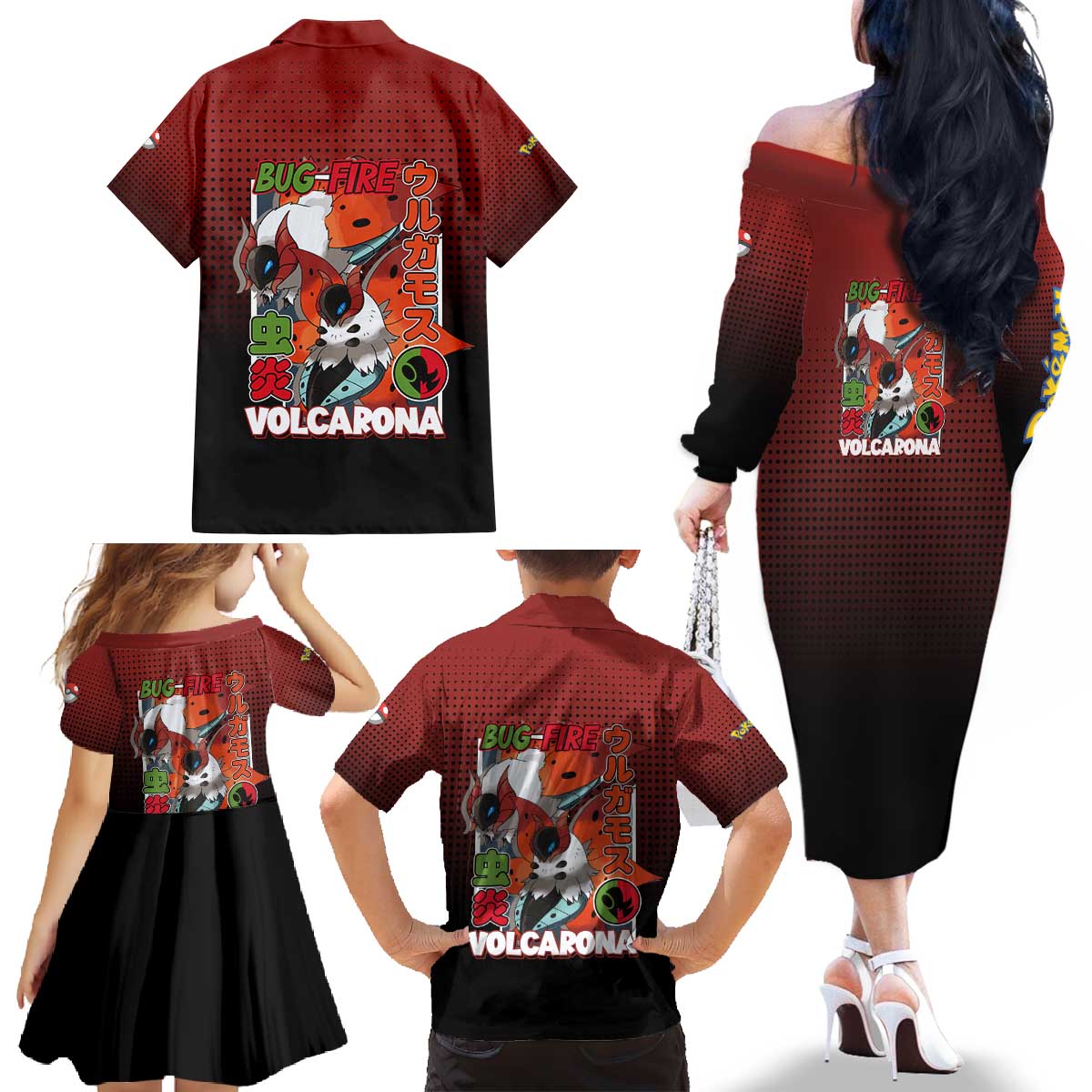 Volcarona from Poké Family Matching Off The Shoulder Long Sleeve Dress and Hawaiian Shirt Bug and Fire Types Featuring Bright and Fiery Design - The Mazicc
