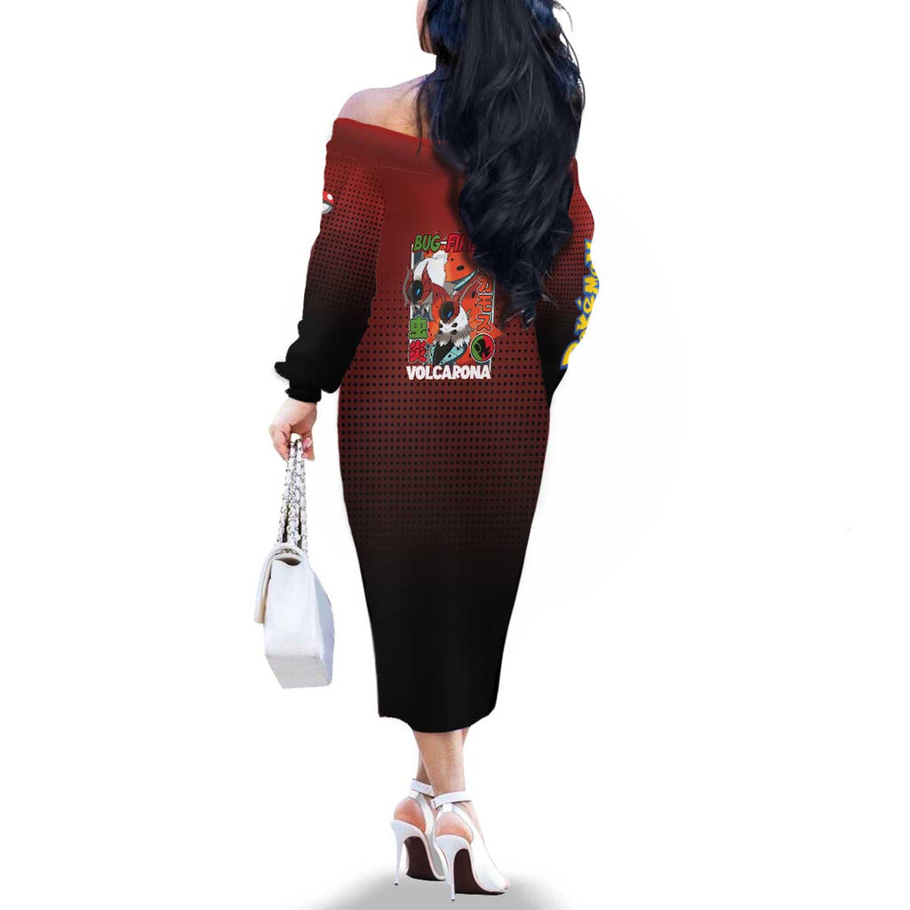 Volcarona from Poké Family Matching Off The Shoulder Long Sleeve Dress and Hawaiian Shirt Bug and Fire Types Featuring Bright and Fiery Design - The Mazicc