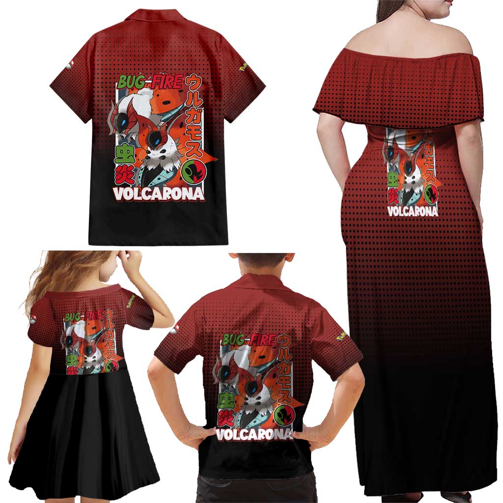 Volcarona from Poké Family Matching Off Shoulder Maxi Dress and Hawaiian Shirt Bug and Fire Types Featuring Bright and Fiery Design - The Mazicc