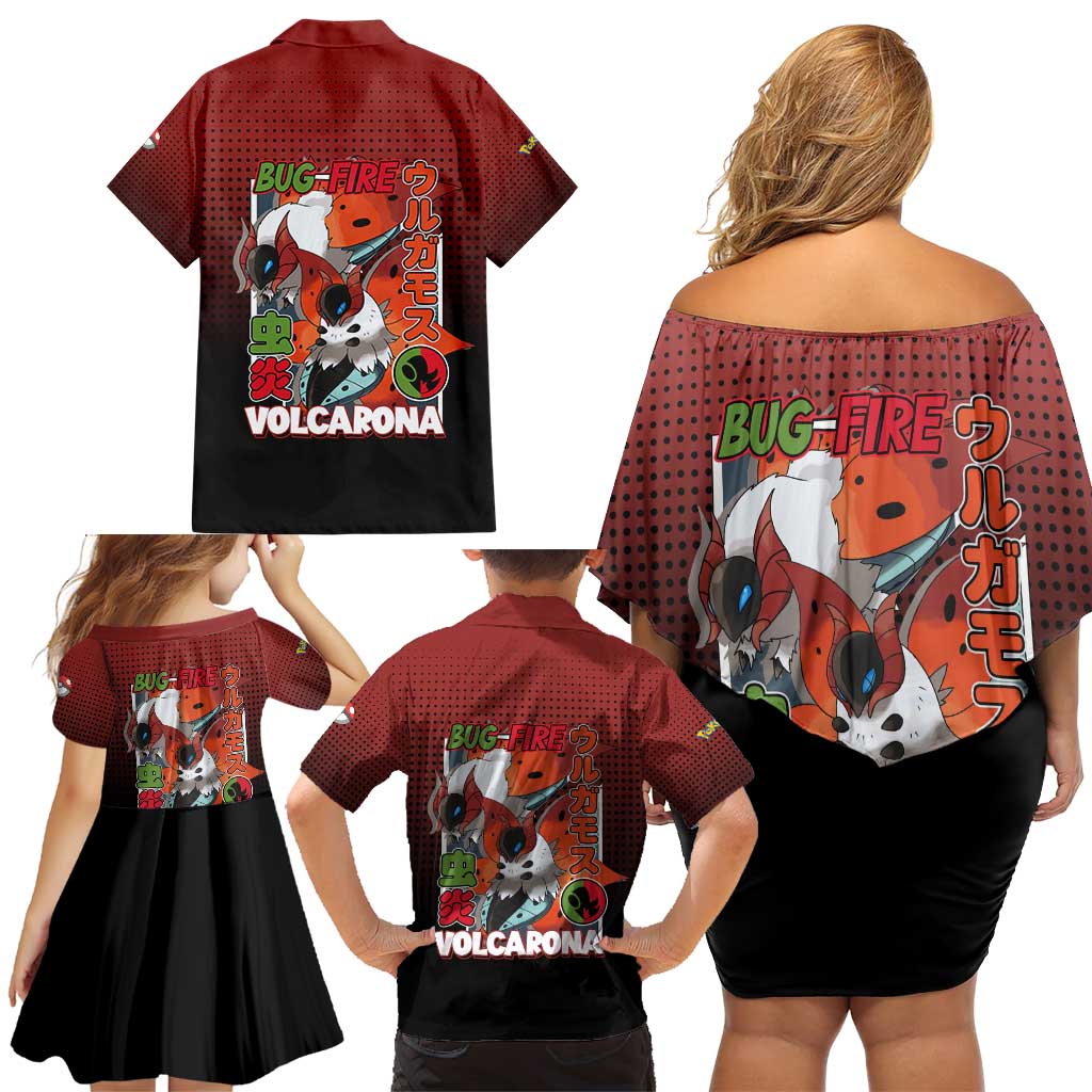Volcarona from Poké Family Matching Off Shoulder Short Dress and Hawaiian Shirt Bug and Fire Types Featuring Bright and Fiery Design - The Mazicc