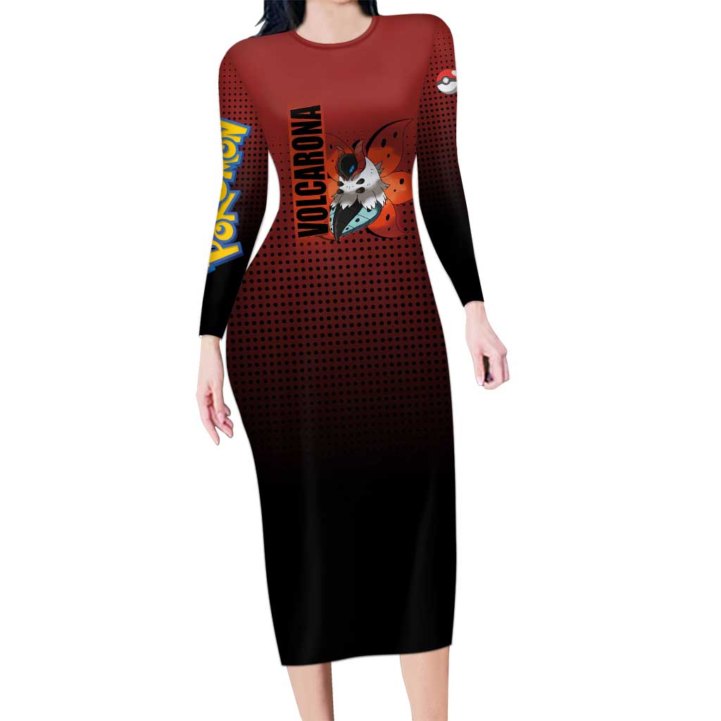 Volcarona from Poké Long Sleeve Bodycon Dress Bug and Fire Types Featuring Bright and Fiery Design - The Mazicc