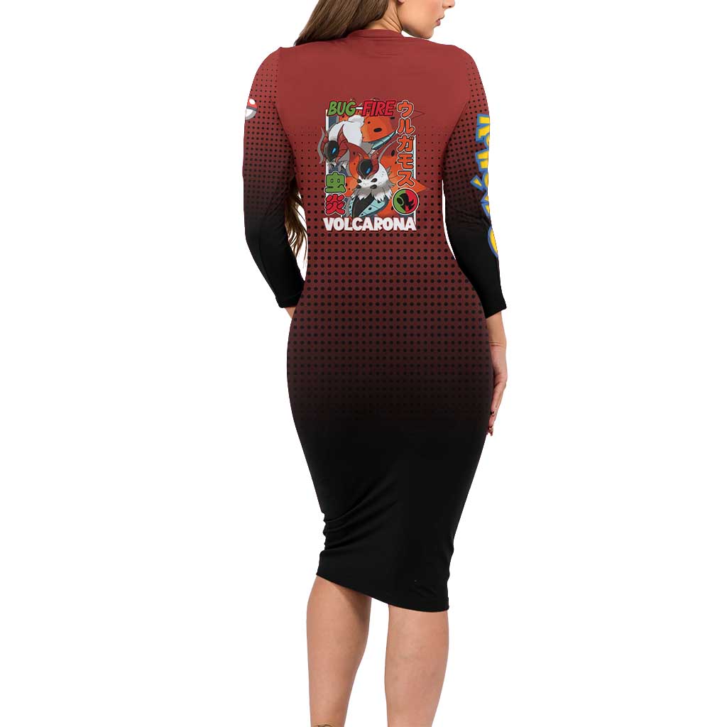 Volcarona from Poké Long Sleeve Bodycon Dress Bug and Fire Types Featuring Bright and Fiery Design - The Mazicc