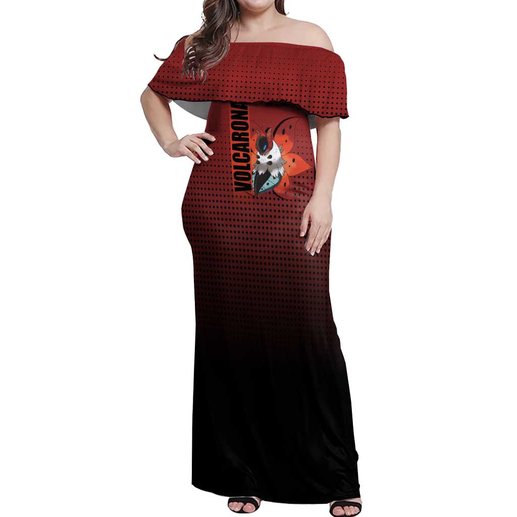 Volcarona from Poké Off Shoulder Maxi Dress Bug and Fire Types Featuring Bright and Fiery Design - The Mazicc