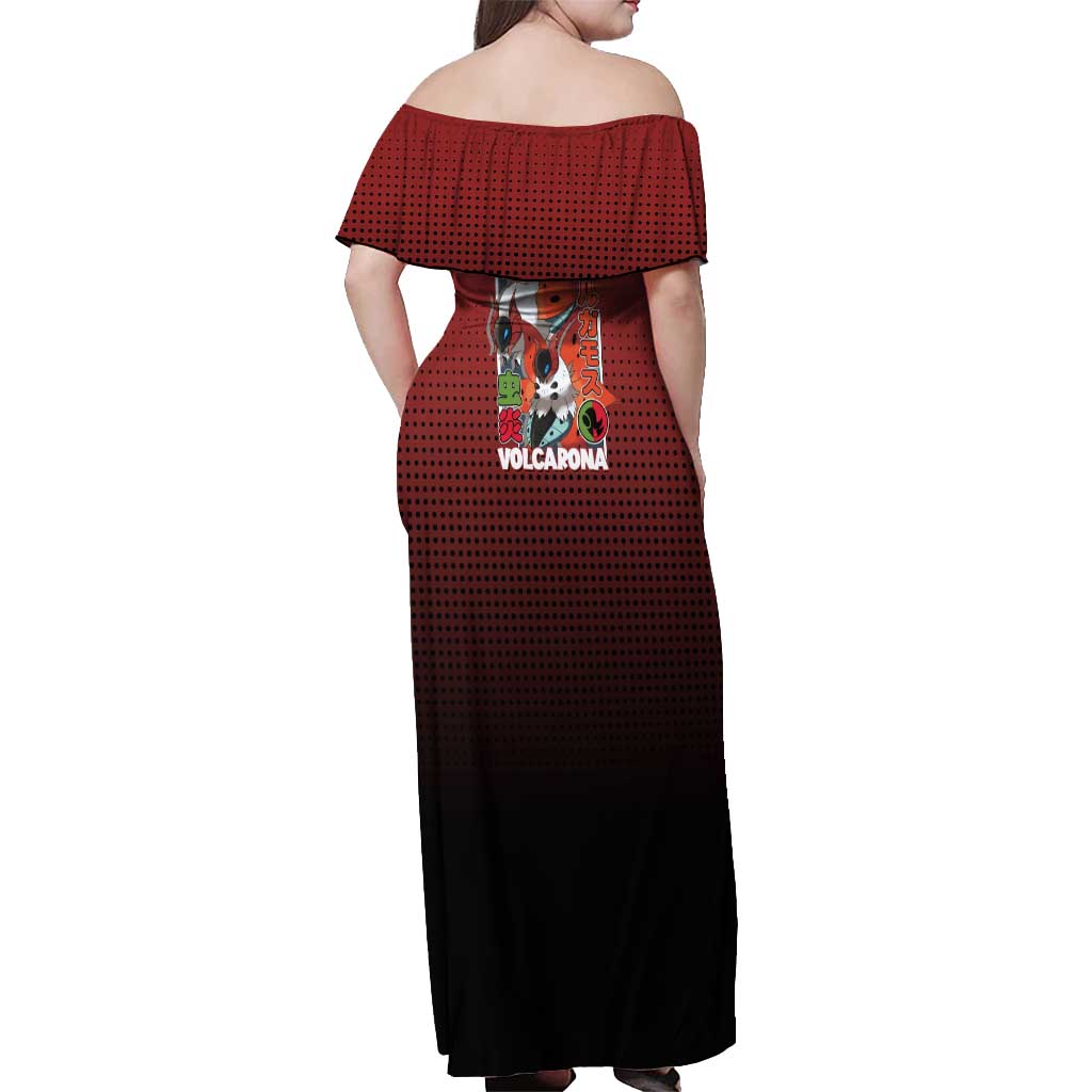 Volcarona from Poké Off Shoulder Maxi Dress Bug and Fire Types Featuring Bright and Fiery Design - The Mazicc