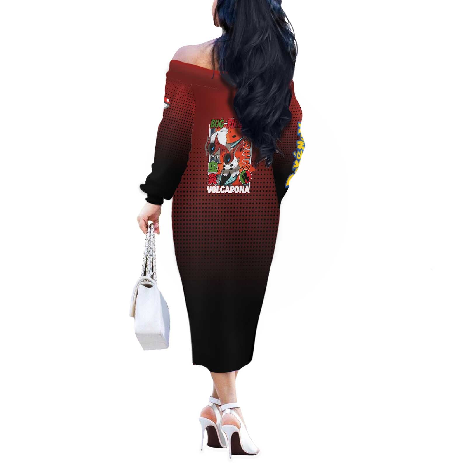 Volcarona from Poké Off The Shoulder Long Sleeve Dress Bug and Fire Types Featuring Bright and Fiery Design - The Mazicc
