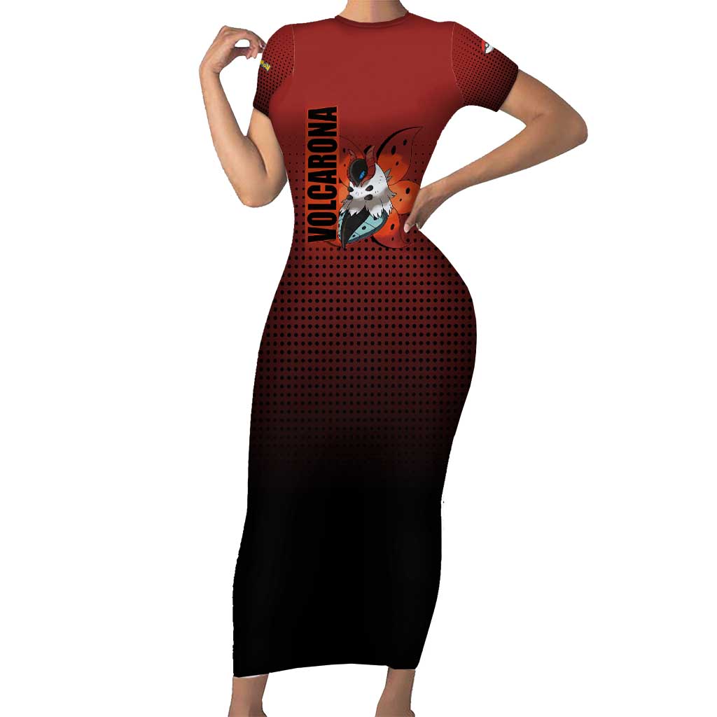 Volcarona from Poké Short Sleeve Bodycon Dress Bug and Fire Types Featuring Bright and Fiery Design - The Mazicc