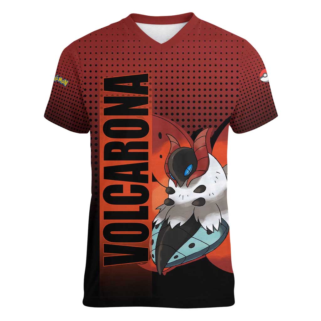 Volcarona from Poké Women V-Neck T-Shirt Bug and Fire Types Featuring Bright and Fiery Design - The Mazicc